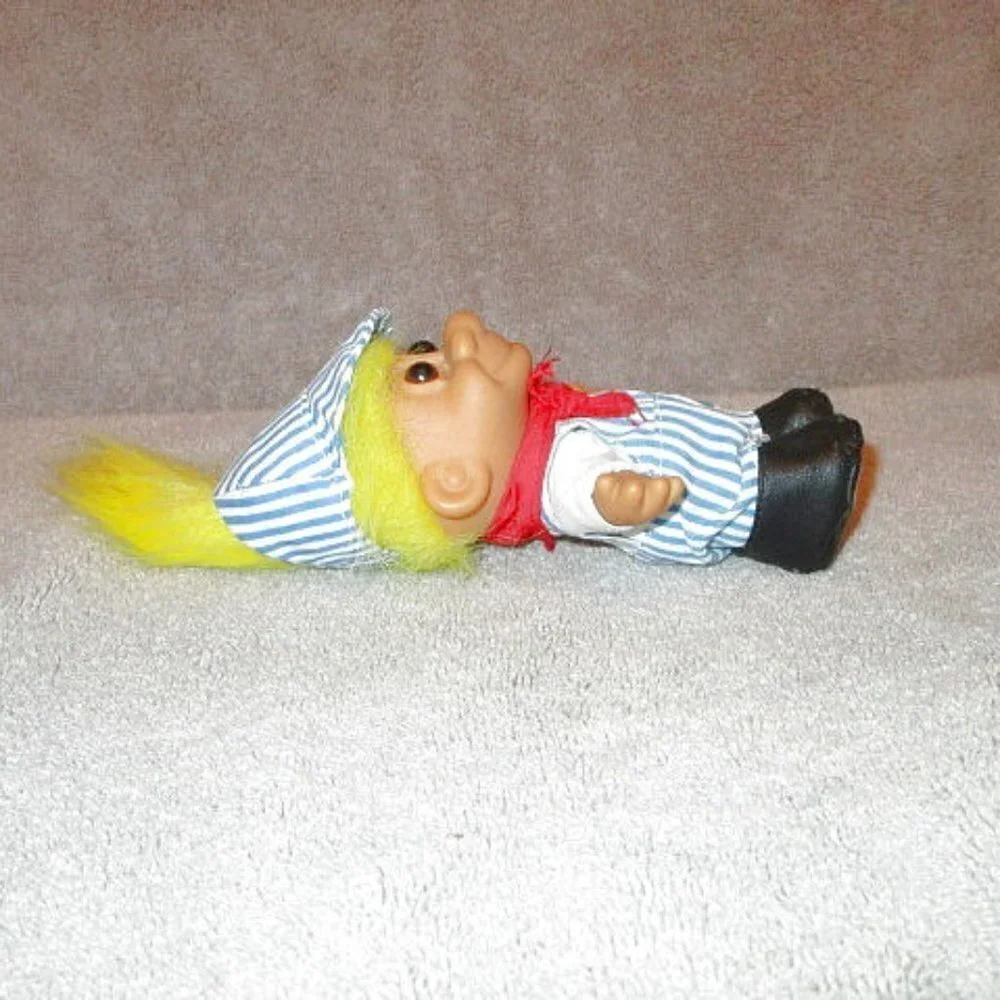 Vintage Russ Troll Doll Train Conductor Railroad Stripe Overalls Yellow Hair 80s